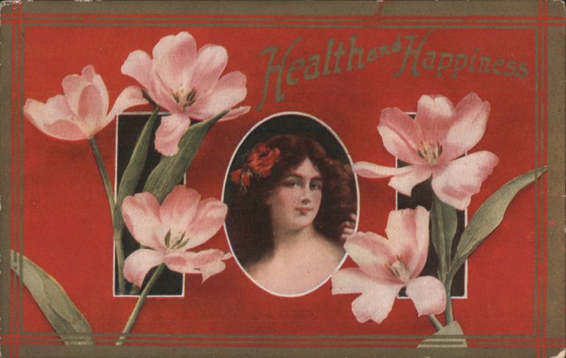 Health and Happiness with Woman's Portrait and Pink Tulips