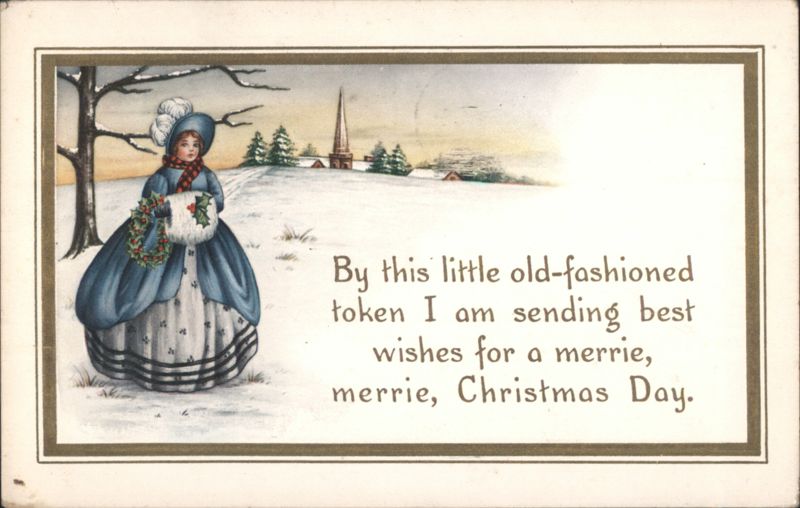 Old-fashioned Christmas Woman in Blue Dress with Wreath, Snowy Landscape