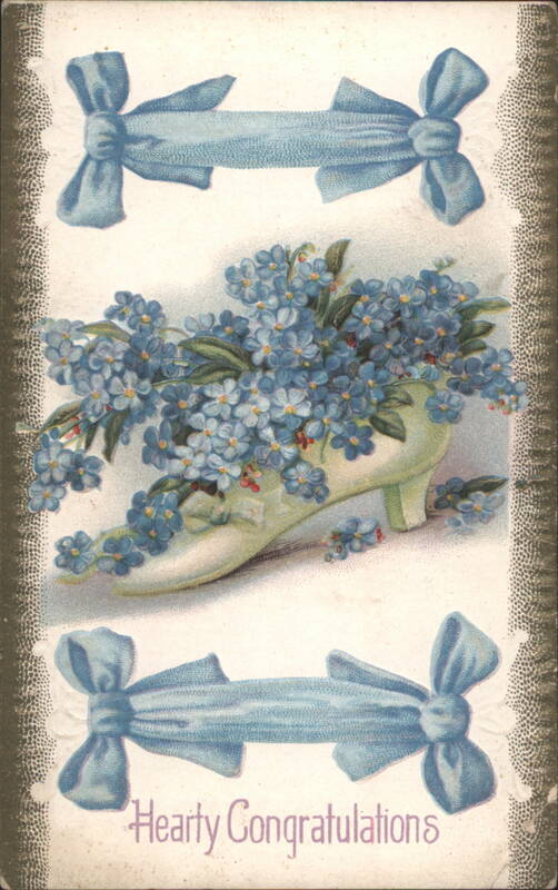 Hearty Congratulations with Blue Forget-Me-Nots in a Shoe and Ribbons