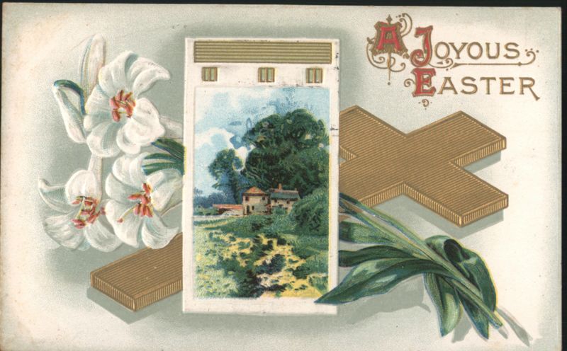 A Joyous Easter with White Lilies, Cross, and Rural Landscape
