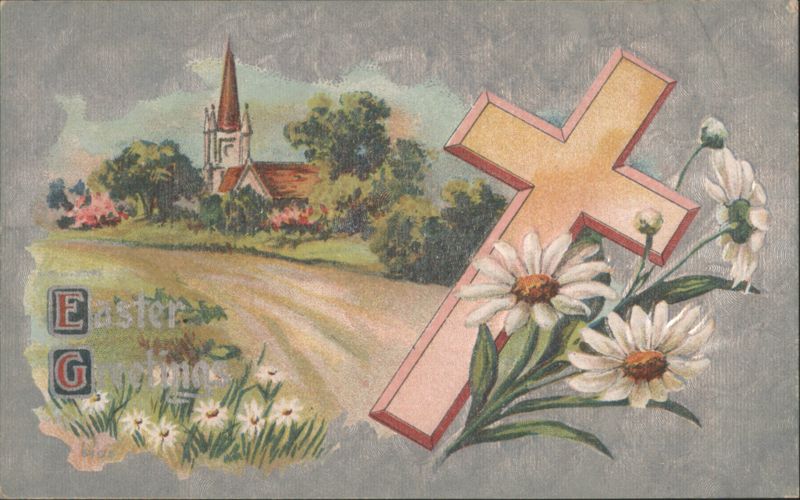Easter Greetings with Church, Cross, and Daisies Crosses