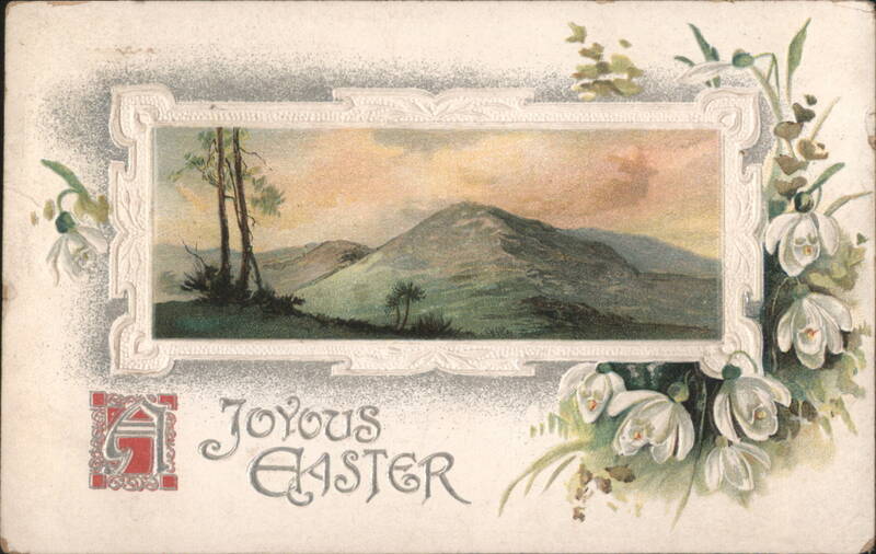 Joyous Easter Greeting with Mountain Landscape and White Flowers