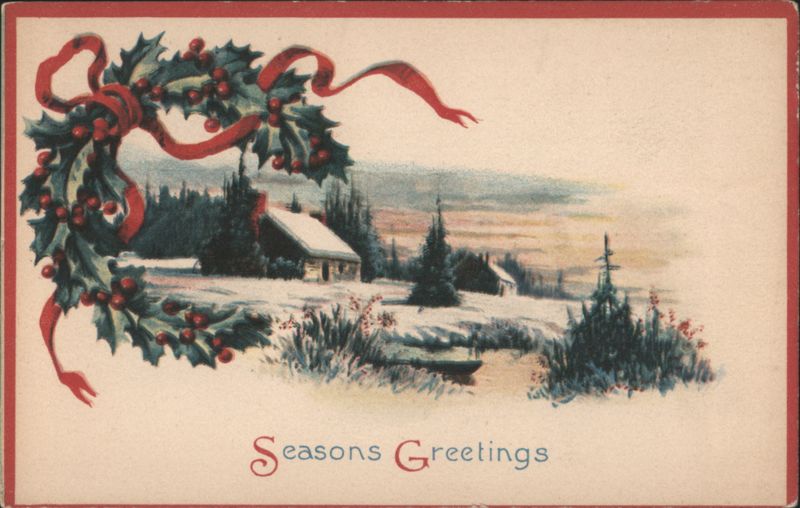 Seasons Greetings Holly Wreath Winter Cabin Scene Christmas