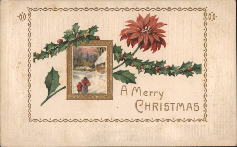 Merry Christmas Poinsettia & Holly Greeting with Framed Winter Scene