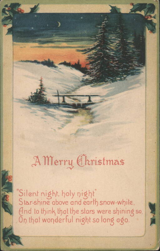 A Merry Christmas Snowy Winter Landscape with Pine Trees & Silent Night Poem