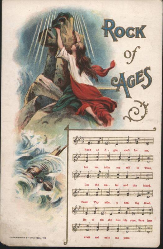 Rock of Ages Hymn with Woman Clinging to Cross in Stormy Sea