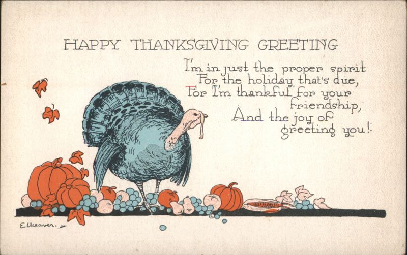 Happy Thanksgiving Greeting with Turkey, Pumpkins, and Grapes