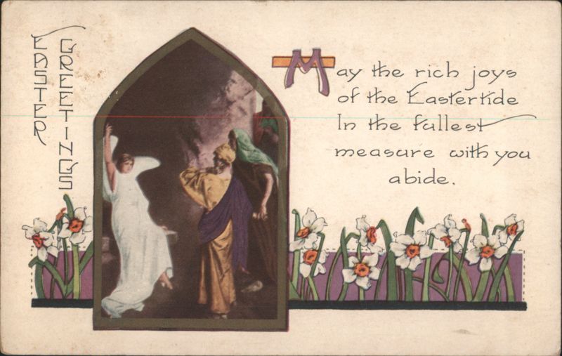 Easter Greetings with Religious Scene and Daffodils