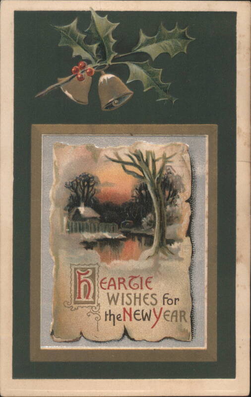 New Year's Greeting with Holly, Bells, and Winter Landscape
