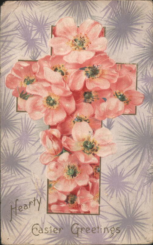 Hearty Easter Greetings Pink Flowers Cross Starburst Pattern 1914