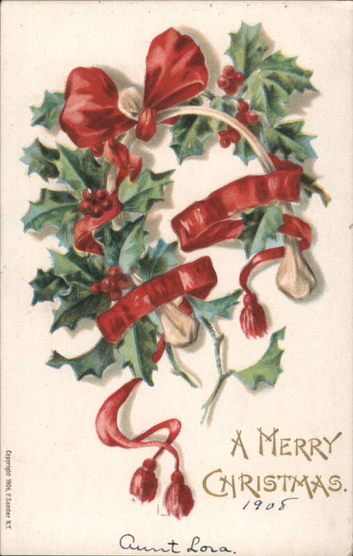 A Merry Christmas 1905 Holly Wreath Red Ribbons Mistletoe Greeting