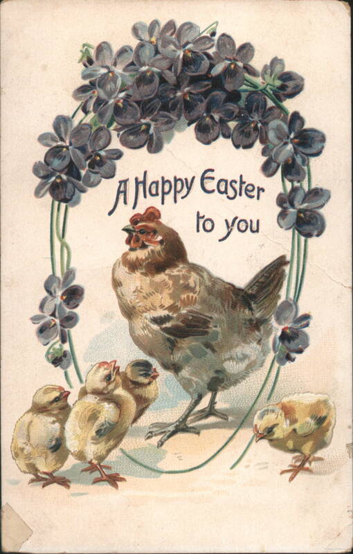 A Happy Easter Hen with Chicks and Violet Wreath