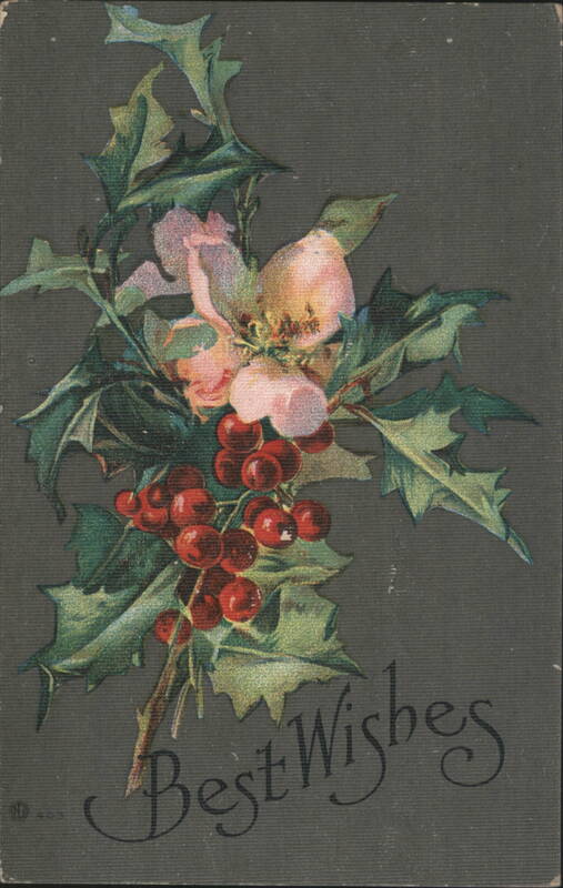 Best Wishes Holly and Berries with Pink Flowers Christmas Greeting