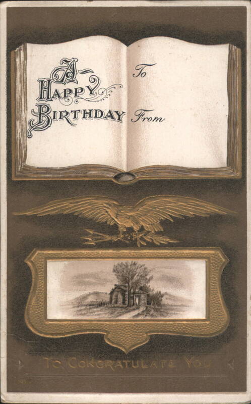 Happy Birthday Greeting Card with Open Book, Eagle, and Landscape Scene