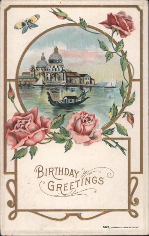 Venice Canal Scene with Gondola & Domed Buildings, Roses, Birthday Greetings