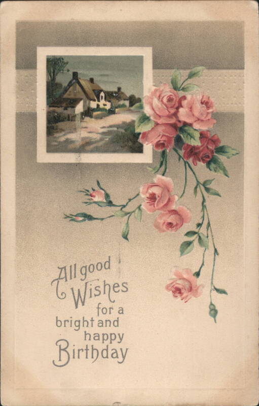 Birthday Wishes with Pink Roses and Quaint Village Landscape