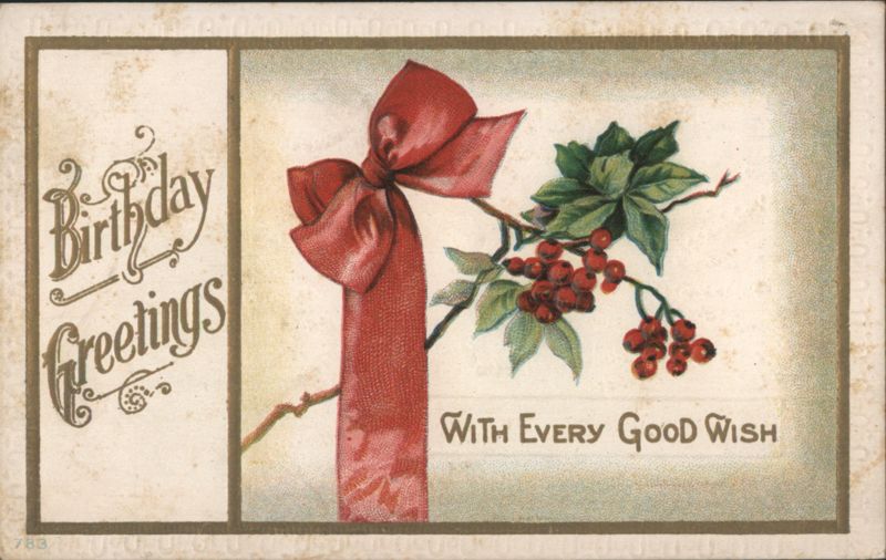 Birthday Greetings with Red Bow, Green Leaves & Red Berries