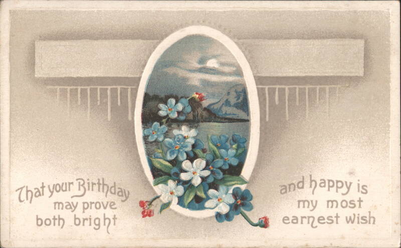 Birthday Greeting with Floral Frame & Moonlit Landscape