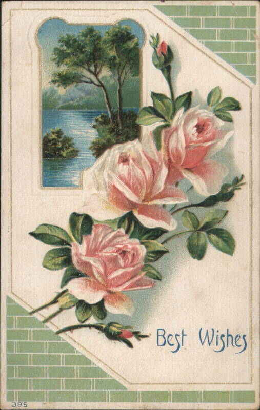 Best Wishes Pink Roses with Lake & Trees Landscape and Green Brick Pattern