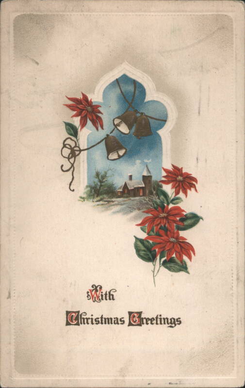 Christmas Greetings with Poinsettias, Bells, and Snowy Church Scene