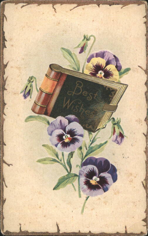 Best Wishes Books & Pansies Floral Greeting Card, 1913