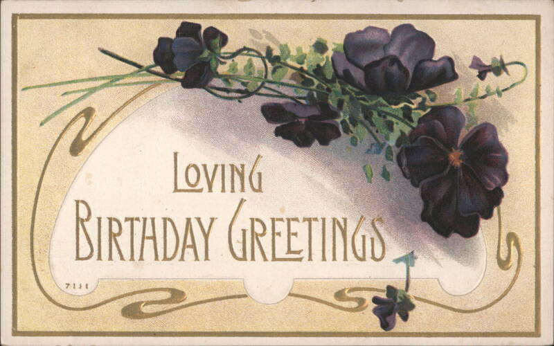 Loving Birthday Greetings with Purple Flowers & Art Nouveau Border
