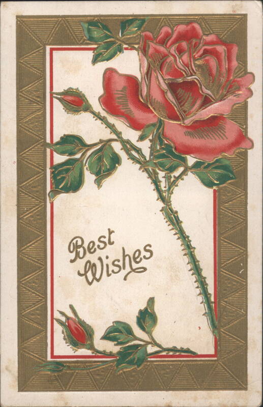 Red Rose with Buds and Leaves, Best Wishes, Gold Border