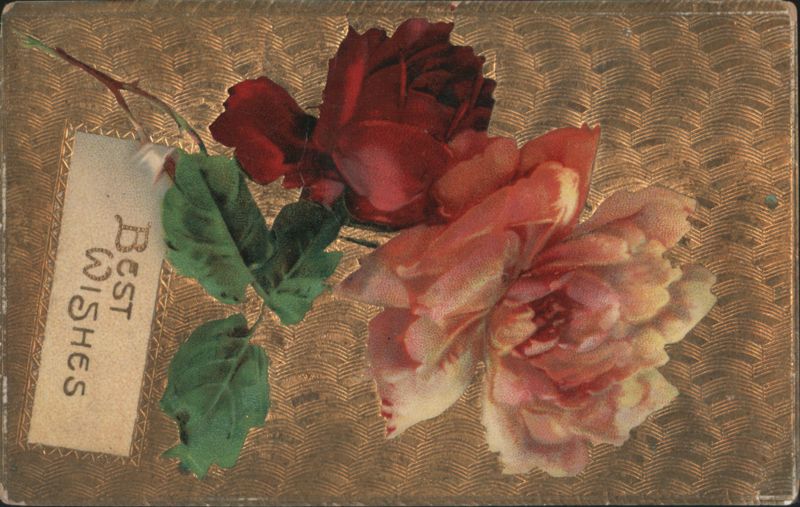 Best Wishes Red and Pink Roses on Golden Wavy Background