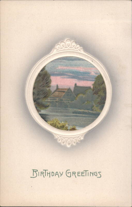 Birthday Greetings with Scenic Landscape in Oval Frame