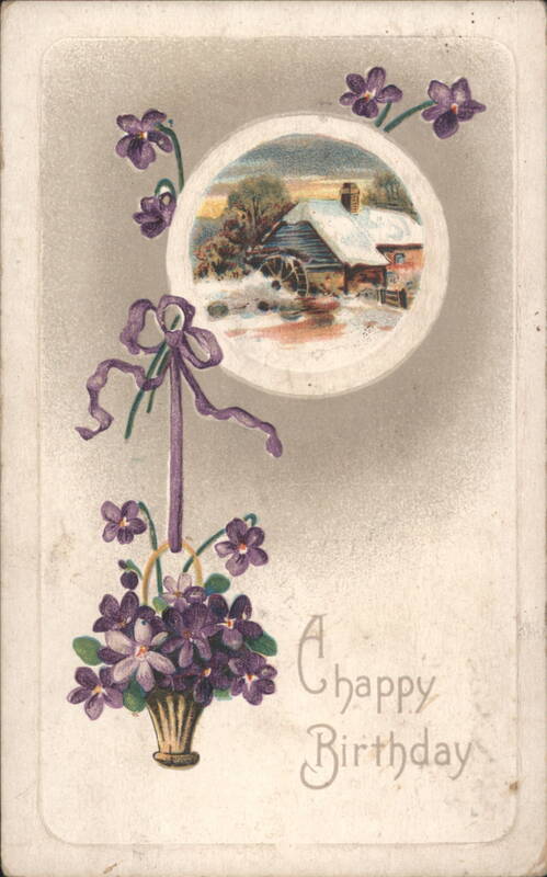 A Happy Birthday Winter Mill Scene with Violets and Purple Ribbon