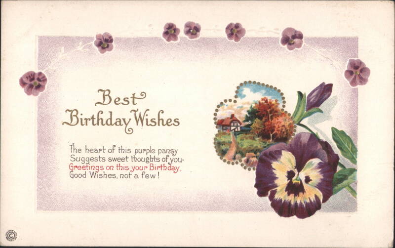 Best Birthday Wishes with Purple Pansies and Landscape Vignette