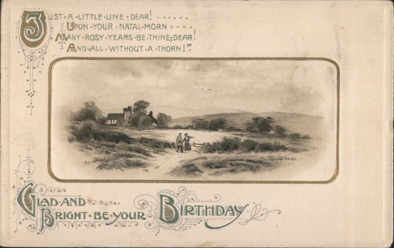 Ornate Birthday Greeting Card with Pastoral Landscape Painting and Poem