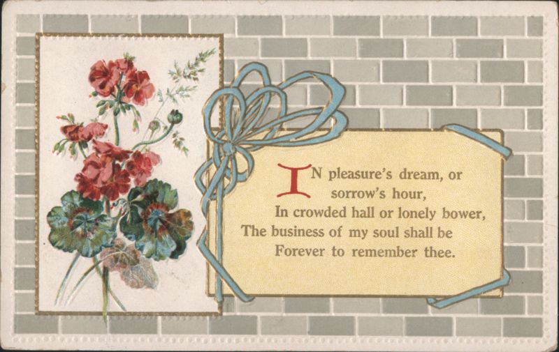 Sentimental Poem with Red Geraniums and Blue Ribbon Design