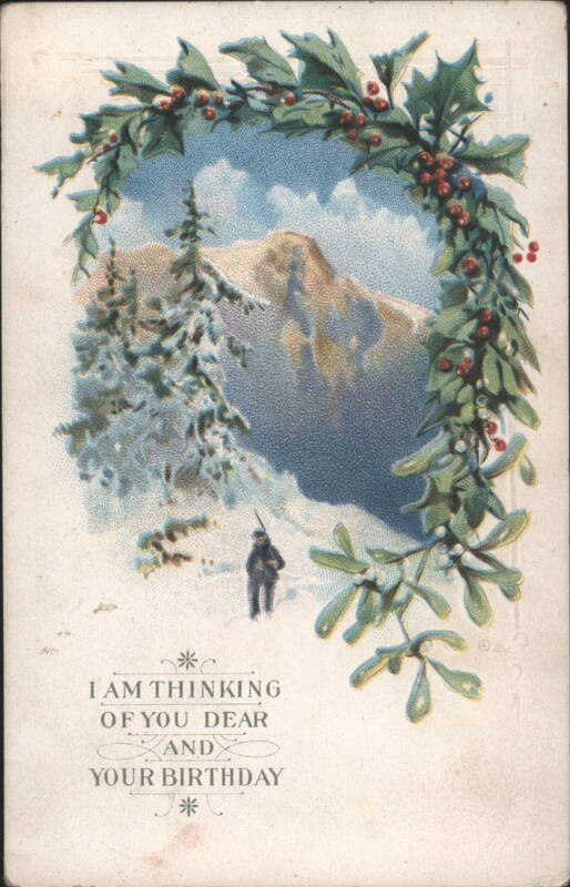 Winter Mountain Scene with Holly & Mistletoe Wreath, Birthday Greeting