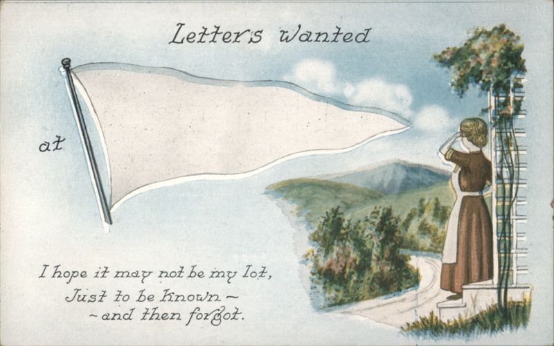 Woman Gazing at 'Letters Wanted' Pennant, Poetic Sentiment