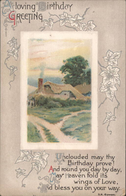 S.K. Cowan Birthday Greeting Card with Rural Thatched-Roof House Scene