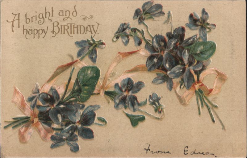 Birthday Greeting with Blue Pansy-like Flowers and Ribbons