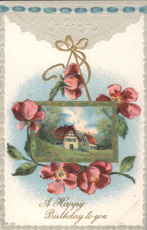 Birthday Greeting with House in Landscape and Red Flowers