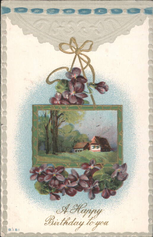 A Happy Birthday to you with Rural House and Purple Flowers