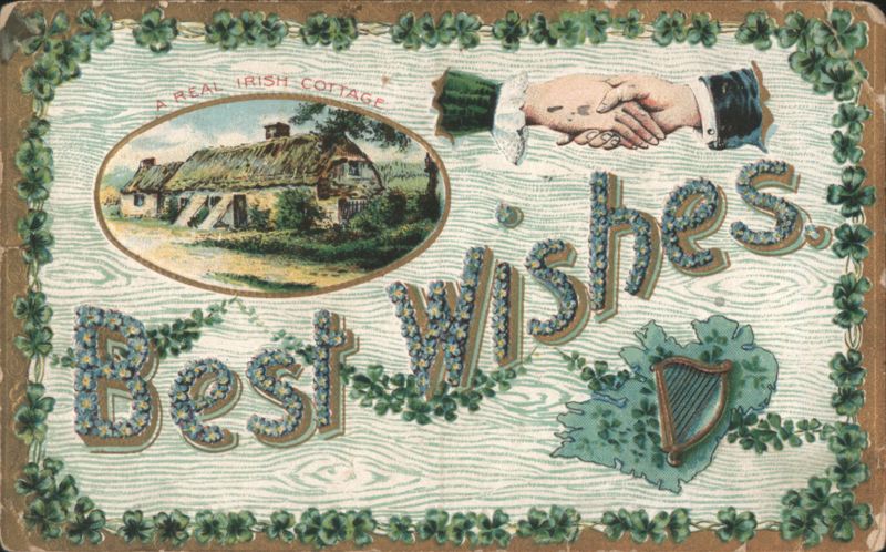 Best Wishes Irish Cottage, Shamrocks, Handshake, Map of Ireland