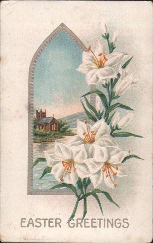 Easter Greetings with White Lilies, Church by Water, Arched Window