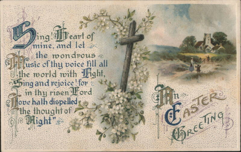 Easter Greeting with Cross, White Blossoms, and Distant Church Village