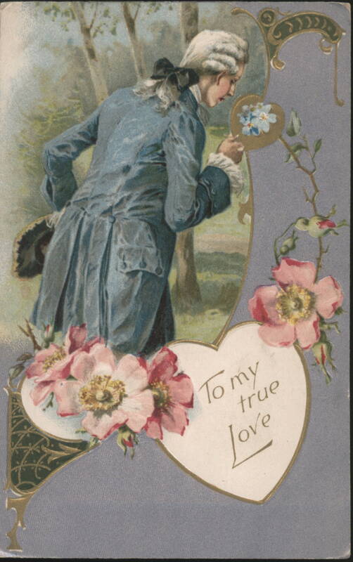 18th Century Man with Mirror Reflecting Flower, 'To my true Love' Heart
