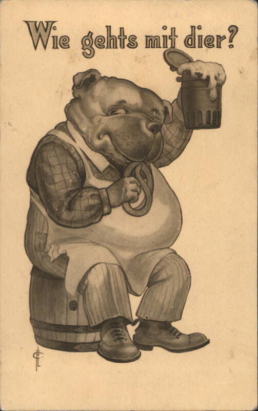 Comic Bulldog Cheers with Beer Stein - Wie gehts mit dier?
