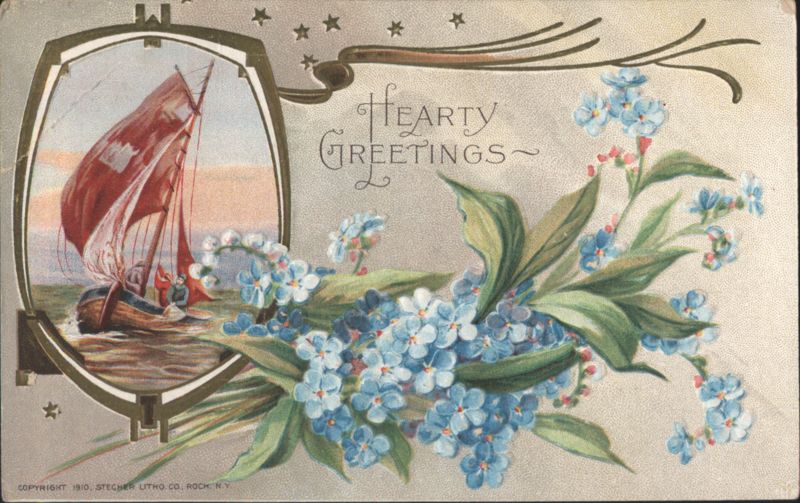 Hearty Greetings with Sailboat and Forget-Me-Not Flowers