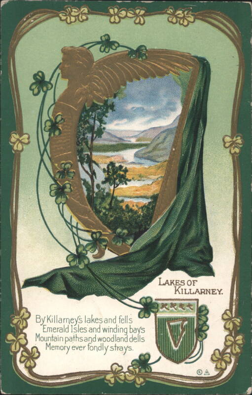 Lakes of Killarney Harp & Angel with Shamrocks, Irish Poem