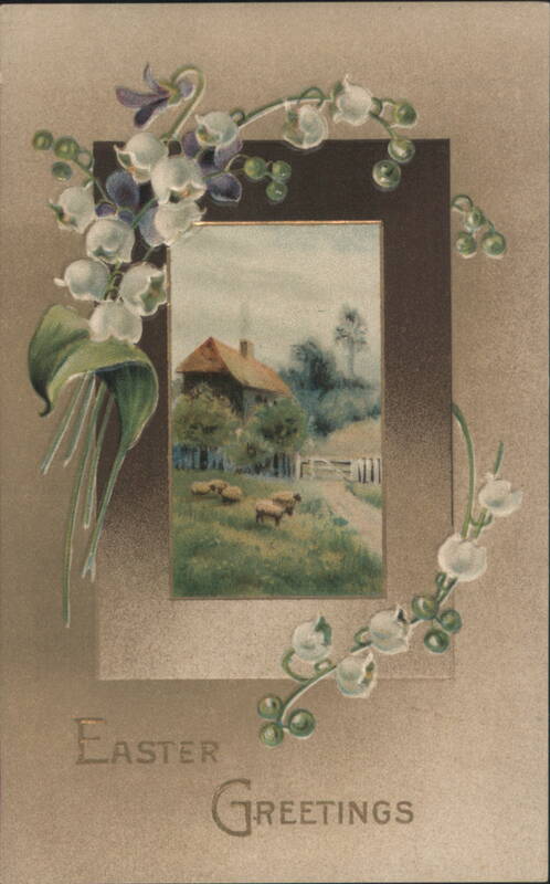 Easter Greetings with Pastoral Scene, Lily of the Valley & Violets