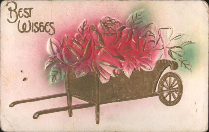 Best Wishes Wheelbarrow with Embossed Red Roses and Gold Accents