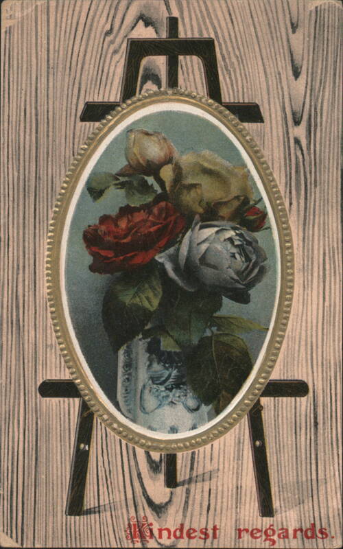 Still Life Roses Painting on Easel, Wood Grain Background, Kindest Regards