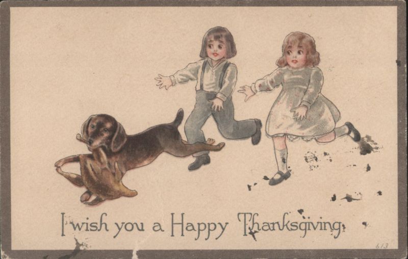 Thanksgiving Children & Dog with Turkey